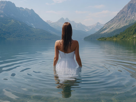 Woman in white dress in mountain lakeの素材