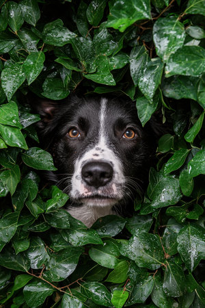 Border Collie Hiding in Bushの素材