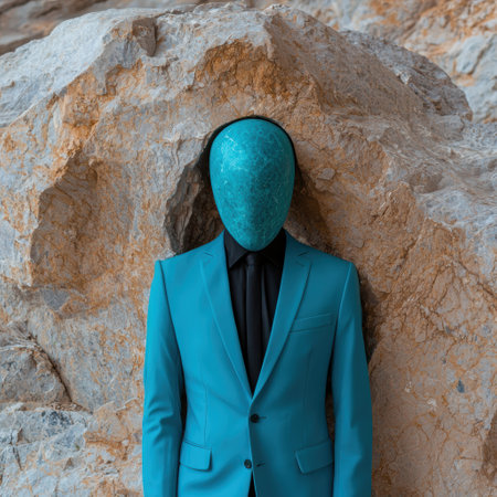 Faceless man in teal suit standing in front of a rockの素材