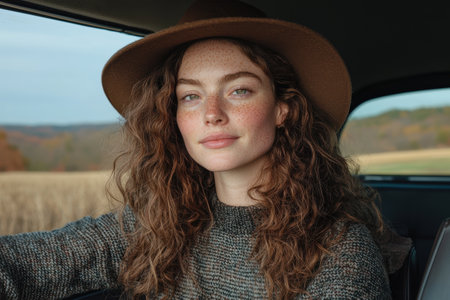 Young woman with freckles in a hat sits in a car, looking at the cameraの素材