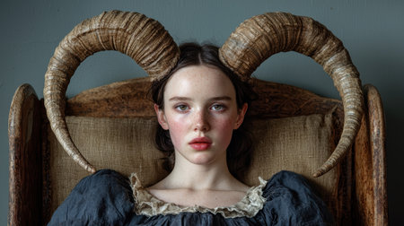 Mysterious woman with horns sitting on a chairの素材