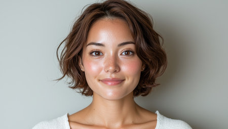 Portrait of a young woman with short brown hair smilingの素材