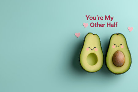 Cute avocado halves with faces and a heart, romantic concept for Valentine's Dayの素材