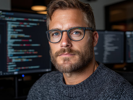 Portrait of a focused programmer working late at nightの素材