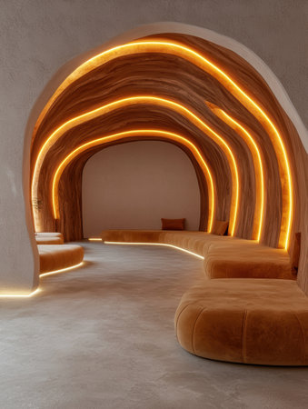 Modern curved seating area with warm lighting and wooden accentsの素材