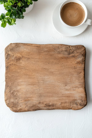 Rustic wooden board and cup of coffee on white backgroundの素材