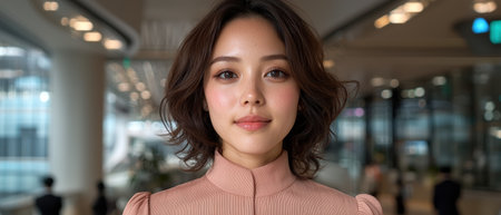 Portrait of a young woman with shoulder-length hair, in a modern buildingの素材