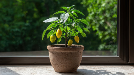 Small potted chili pepper plant with yellow peppers on a windowsillの素材