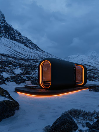 Futuristic Cabin in Snowy Mountains at Nightの素材