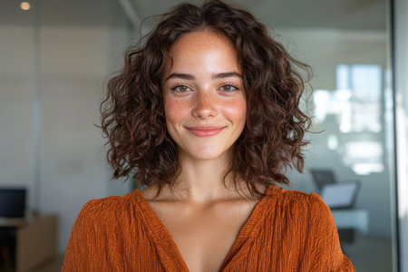 Smiling woman with curly hair and frecklesの素材