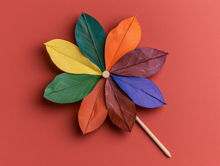 Colorful pinwheel on red backgroundの素材