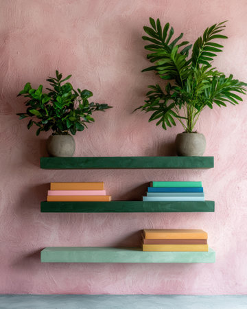 Stylish shelves with plants and books against a pink wallの素材