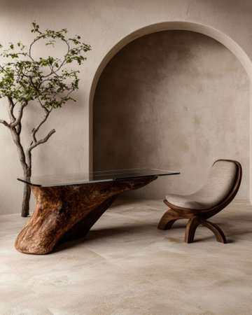 Modern minimalist wooden desk with glass top and curved chair in a neutral roomの素材