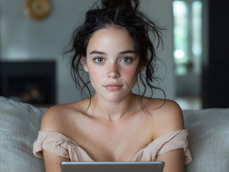 Young woman relaxing at home using tabletの素材
