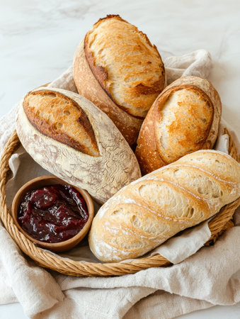 Artisan sourdough bread loaves in a basket with jamの素材