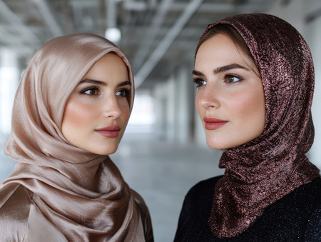 Two young women wearing stylish hijabs, looking away from the cameraの素材