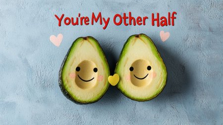 Avocado halves with faces and a heart between them, on a blue background. Romantic concept for Valentine's Day.の素材