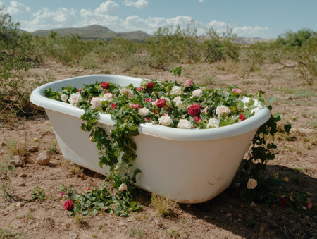 Bathtub overflowing with roses in a desert landscapeの素材