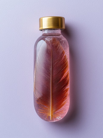 Single brown feather preserved in pink resin inside a glass bottleの素材