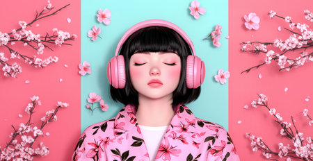 Anime girl listening to music with pink headphones in a cherry blossom gardenの素材
