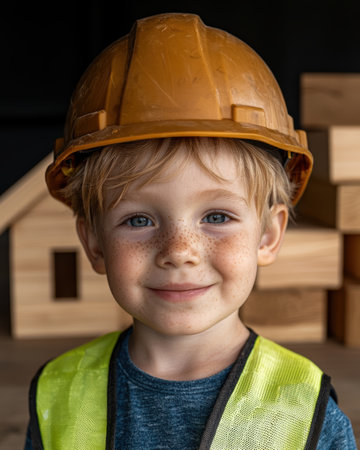 Cute toddler child in hard hat and safety vestの素材