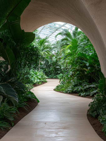 Curved pathway through a lush indoor botanical gardenの素材