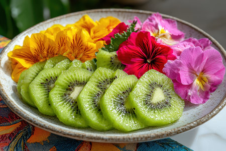 Close-up of sliced kiwi fruit arranged with colorful flowers on a plateの素材