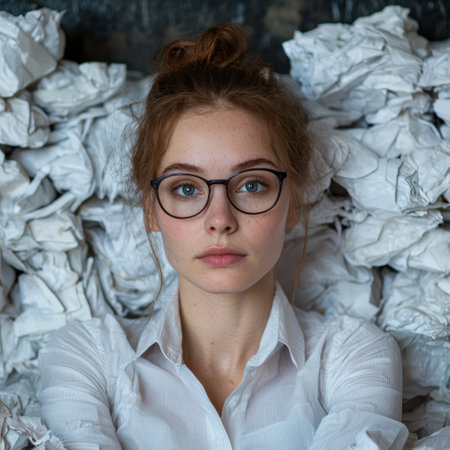 Portrait of a young woman with glasses surrounded by crumpled paperの素材