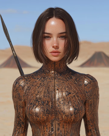 Futuristic female warrior in desert landscapeの素材