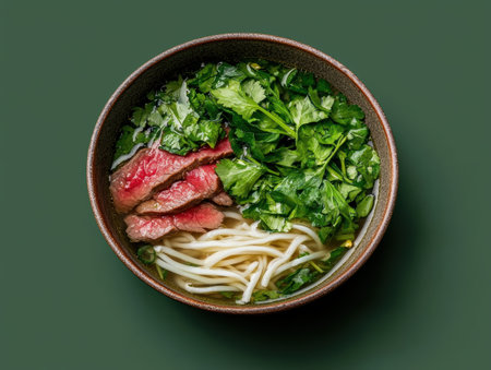 Beef noodle soup in a rustic bowlの素材