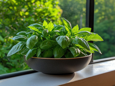 Basil plant in a dark gray pot on a windowsillの素材
