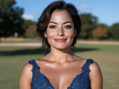Portrait of a beautiful woman with freckles smiling outdoorsの素材