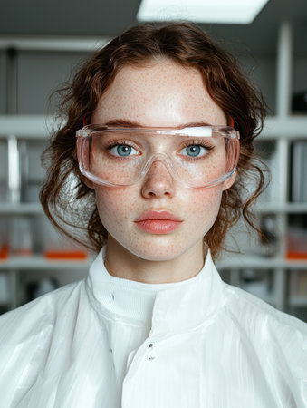 Young female scientist in lab coat and safety glassesの素材