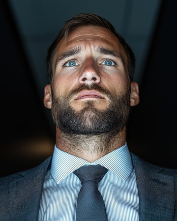 Confident businessman looking up, thinking about the futureの素材