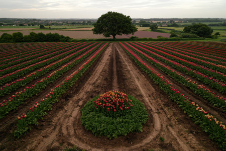 Aerial view of a tulip field with a single tree in the centerの素材