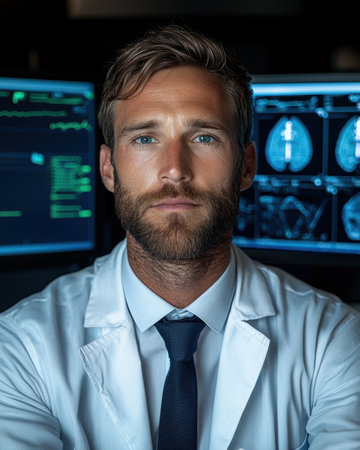 Portrait of a doctor reviewing medical images on a computer screenの素材