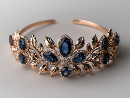 Rose gold and blue sapphire tiara with leaf designの素材