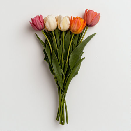 Five colorful tulips in a bouquet on a white backgroundの素材