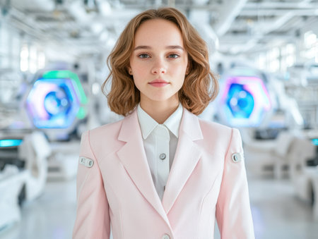Portrait of a young woman in a pink business suit in a futuristic settingの素材