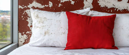 Red pillow on a bed with dirty pillows against a rustic wallの素材