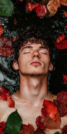 Man submerged in water with autumn leavesの素材