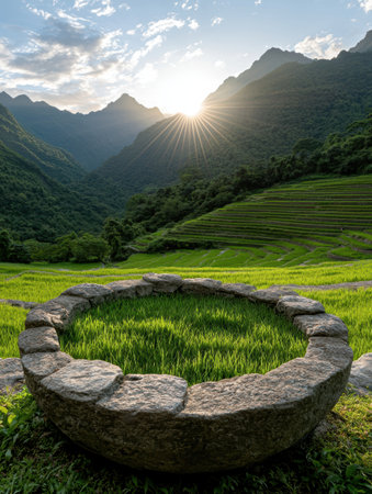 Stone water basin in rice paddy field with mountain backdrop at sunriseの素材