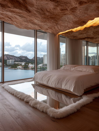Luxury bedroom with stunning ocean view and unique rock ceilingの素材
