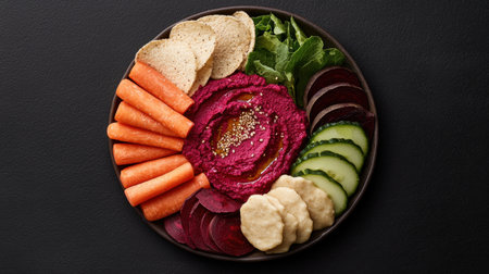 Vibrant Beetroot Hummus Bowl with Carrot Sticks, Cucumber, and Tortilla Chipsの素材