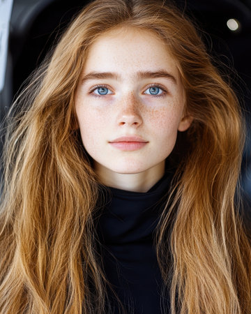 Portrait of a young woman with freckles and long red hairの素材
