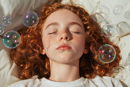 Redhead girl sleeping peacefully with iridescent bubbles floating around herの素材