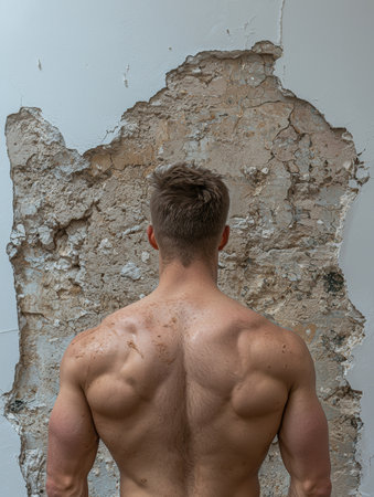 Muscular man with back to camera, standing in front of a damaged wallの素材