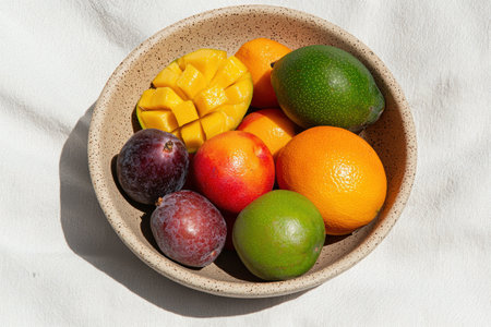 Fresh fruit in a bowl on a white backgroundの素材