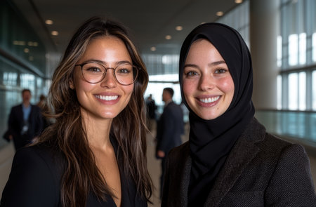 Two young businesswomen stand shoulder to shoulder in a modern office building.の素材