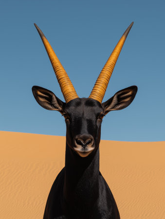 Close-up portrait of a scimitar-horned oryx in the desertの素材
